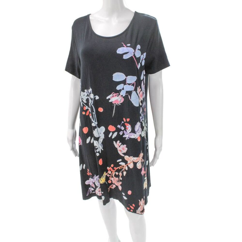 Desigual Womens Shift Dress Black Floral Scoop Neck Short Sleeve Size 2XL